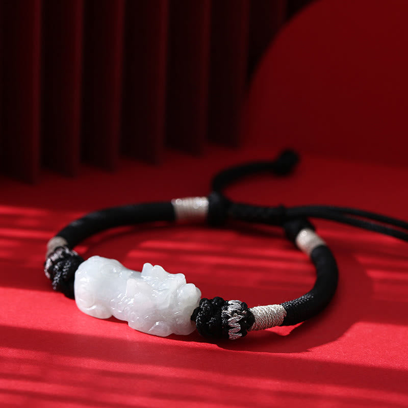 Armband Jade Pixiu – Glück & Wohlstand weißer Stein schwarzes Textilband