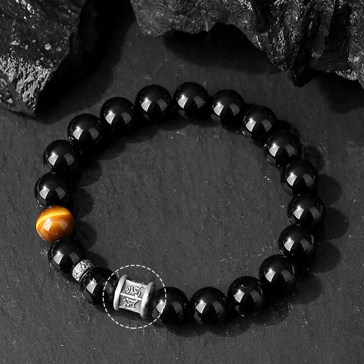 Armband 925 Silber Schwarzer Obsidian Om Mani Padme Hum Perlen elastisch
