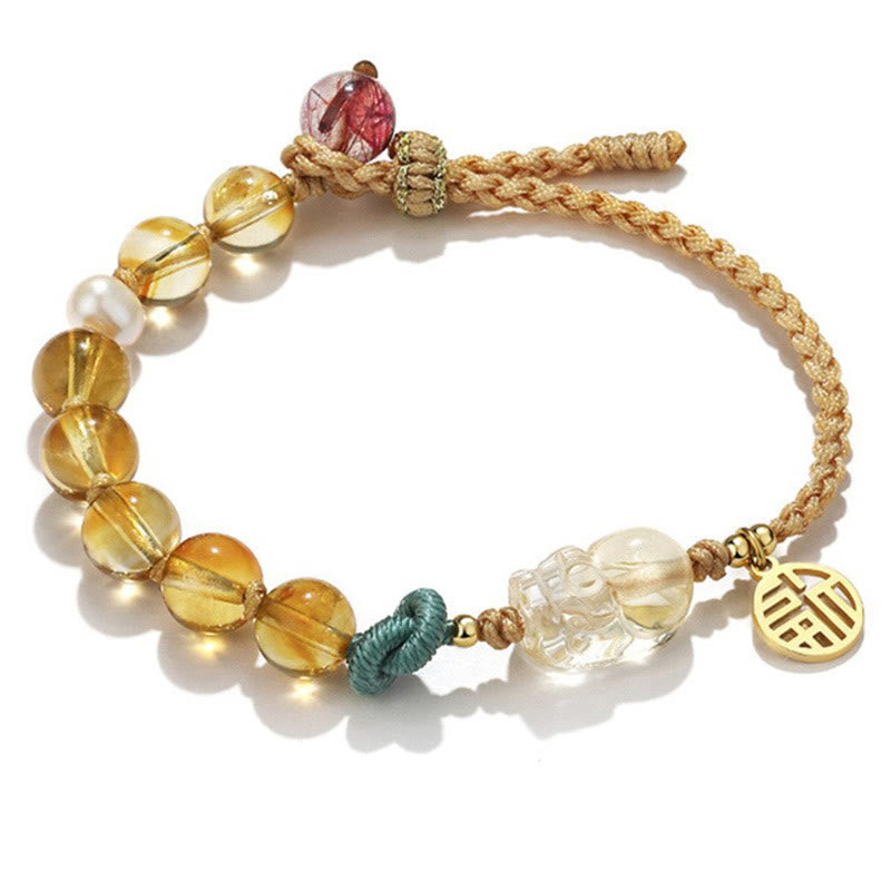 Armband Citrin Fu-Zeichen Wohlstand goldene Perlen elastisch Naturstein