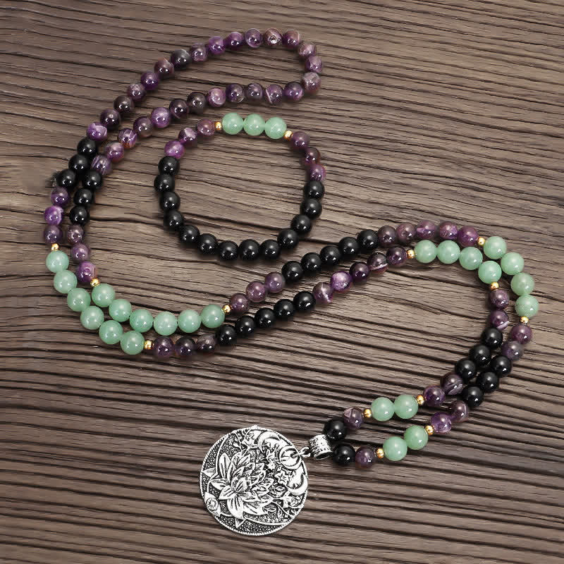 Armband Grüner Aventurin Amethyst Lotus Stein Perlen Anhänger.