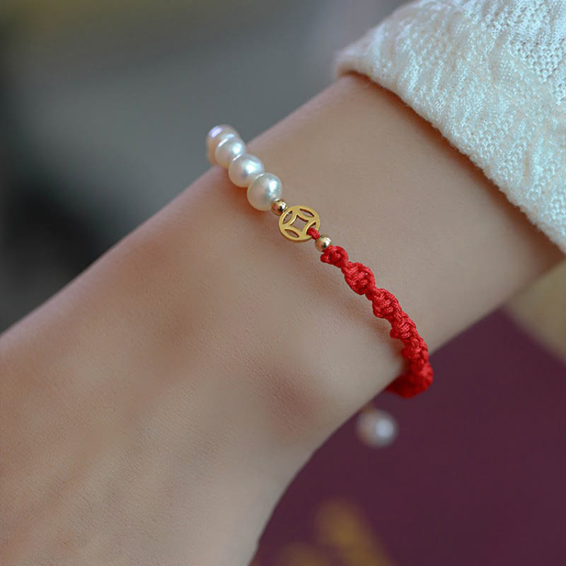 Armband Perle – Schutz & Glück rotes Seil goldener Charm Perlen