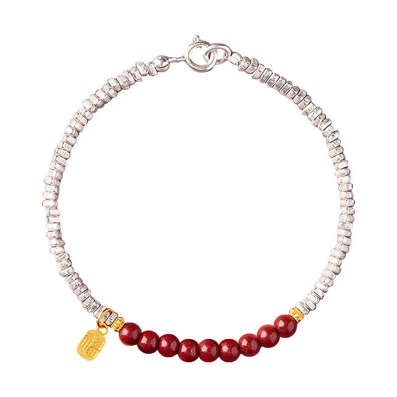 Armband 925 Silber mit roten Zinnober Perlen und Fu-Zeichen Anhänger