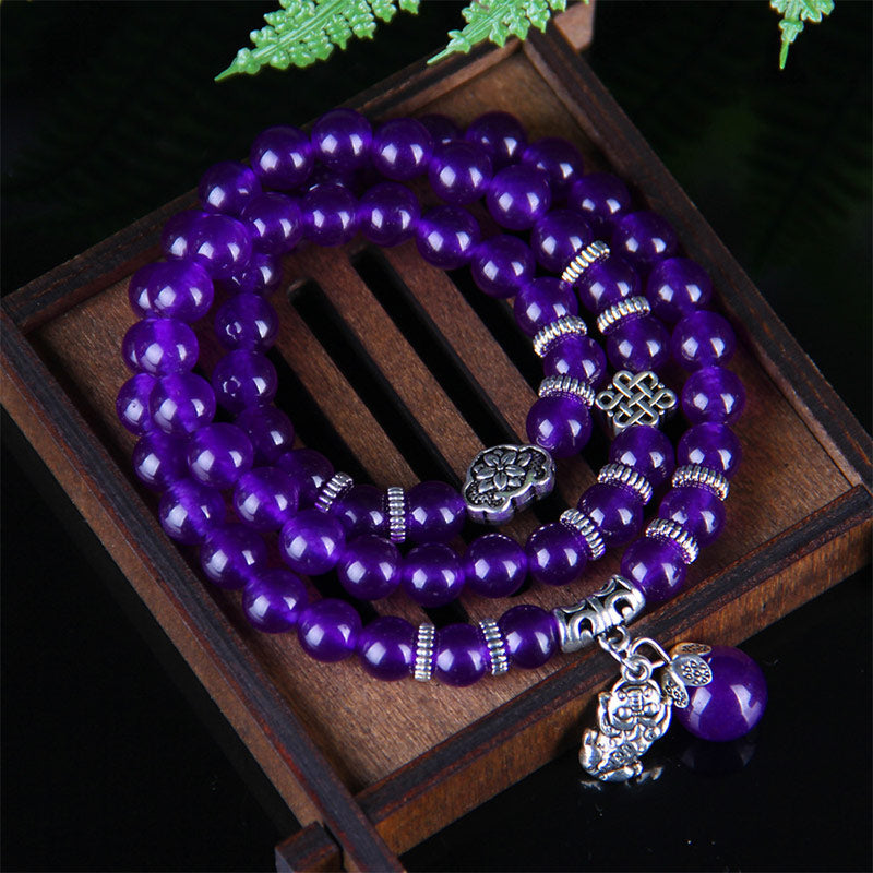 Amethyst Pixiu Armband lila Perlen silberne Verzierungen Holzbox Dekoration