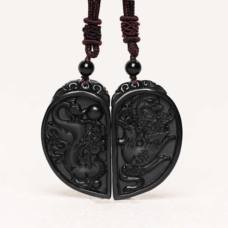 Kette schwarzer Obsidian Drachen Phönix Schutz Partneranhänger