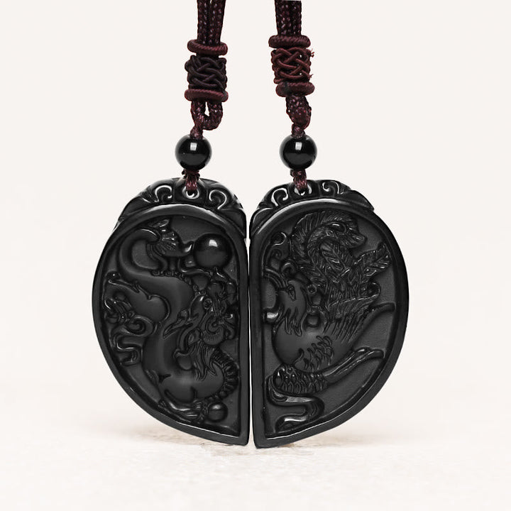 Kette schwarzer Obsidian Drachen Phönix Schutz Partneranhänger