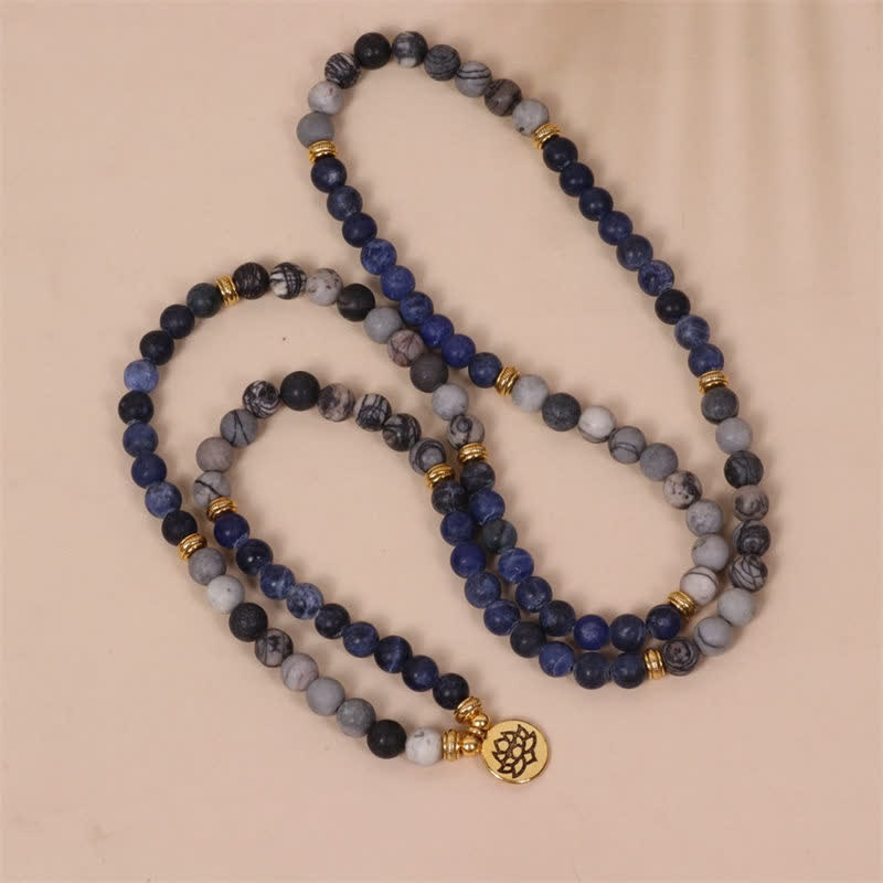 Mala Sodalit Jaspis Lotus – Stärke Perlenarmband Naturstein elastisch