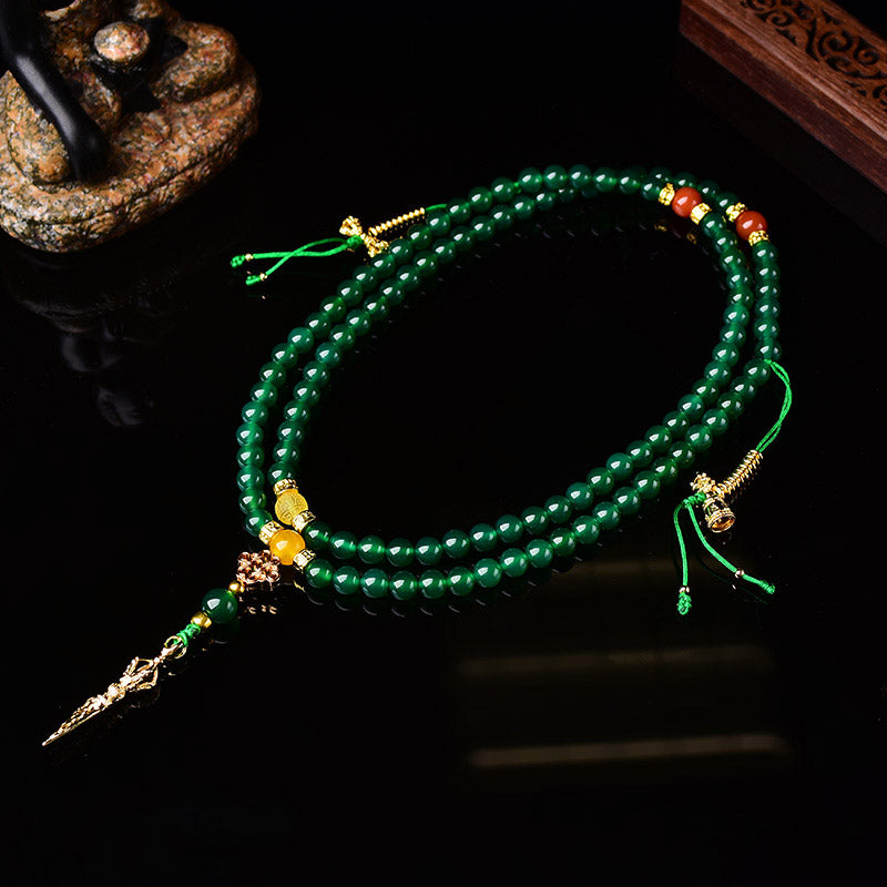 Grüne Achat Mala 108 Perlen Armband mit goldenen Elementen Erfolg.