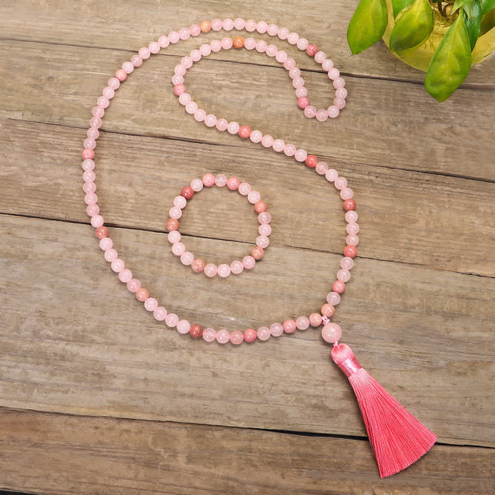 Rosenquarz Mala 108 Perlen Kristall – Liebe mit rosa Quaste Holz