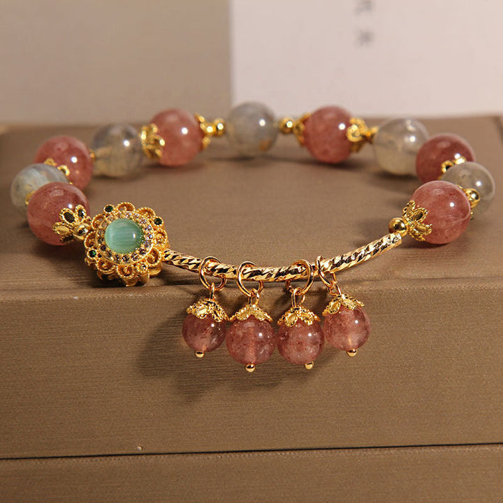 Armband Erdbeerquarz Mondstein Gold Perlen Schmuck elegant.