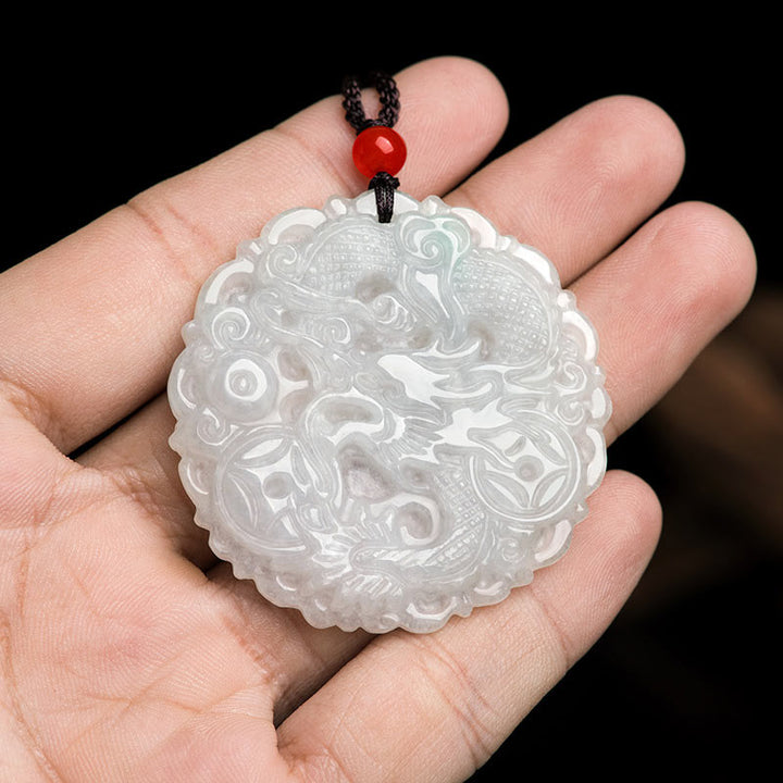 Jade Drachen Anhänger Kette weiß geschnitzt Schutz Naturstein