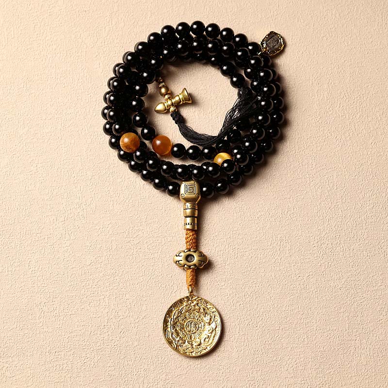 Mala Schwarzer Onyx Tigerauge Schutz mit goldenem Anhänger Tassel