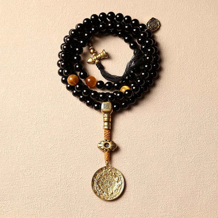 Mala Schwarzer Onyx Tigerauge Schutz mit goldenem Anhänger Tassel