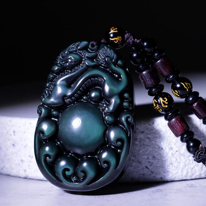 Kette Obsidian Pixiu – Echter Naturstein – Kette Obsidian Pixiu Anhänger schwarzer Naturstein asiatische Mythologie Perlen