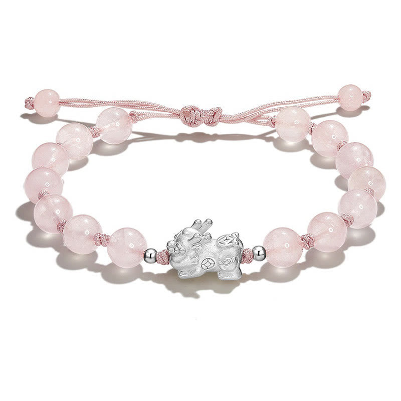 Rosaquarz Armband mit Pixiu Charm elastisch verstellbar Naturstein.