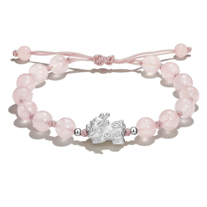 Rosaquarz Armband mit Pixiu Charm elastisch verstellbar Naturstein.
