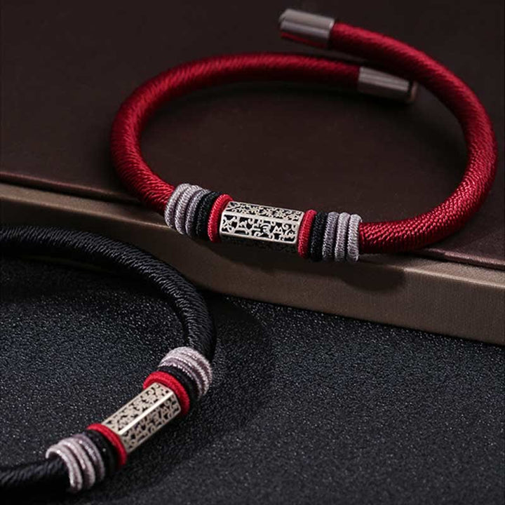 Rotes Armband 925 Silber Om Mani Padme Hum Frieden Flatlays Detailaufnahme