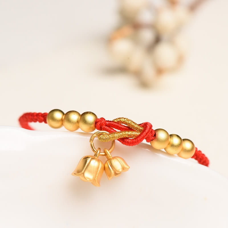 Armband – Schutz & Glück Segen rotes Seil goldene Glocken Perlen.
