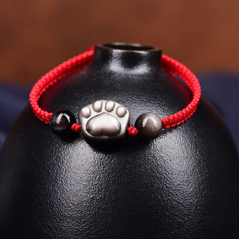 Rotes Armband Silber Obsidian Katze Pfote Schutz Naturstein elastisch