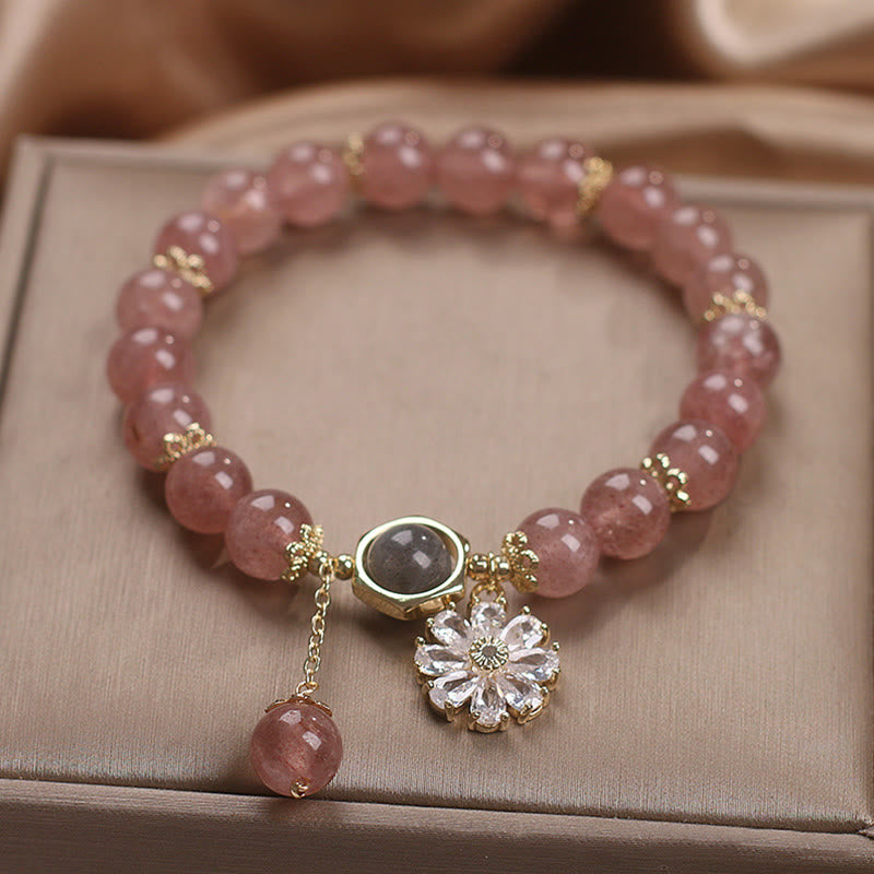 Armband Erdbeerquarz Kristall – Heilung rosé Perlen Blütenanhänger elegant
