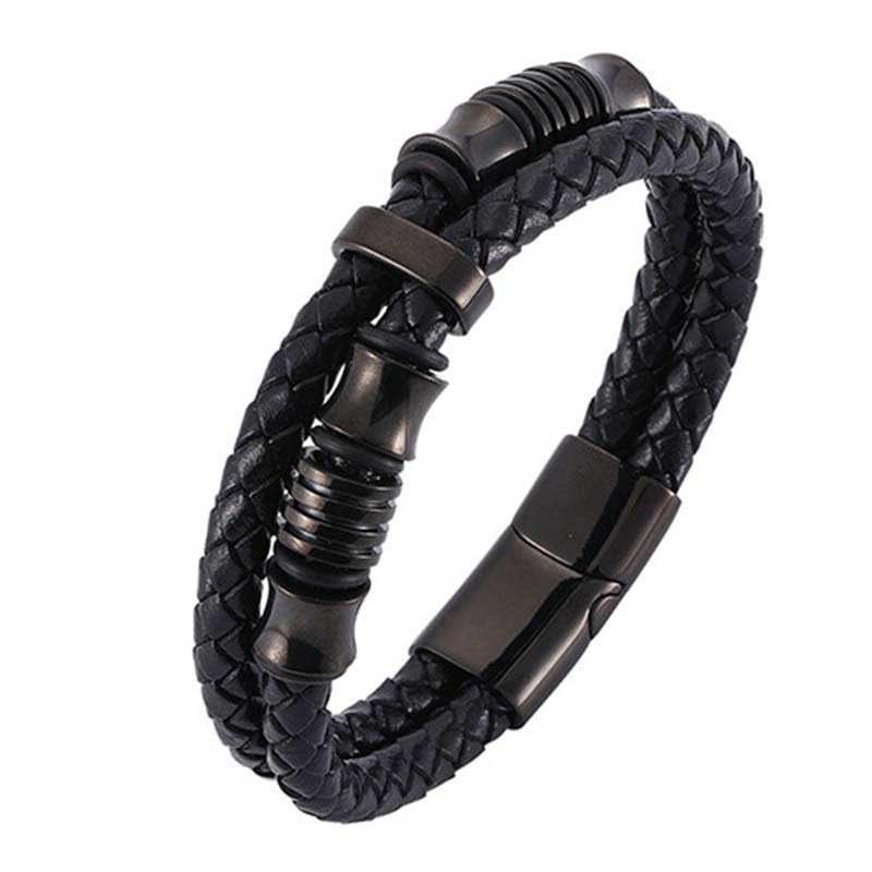 Schwarzes Leder Weave Armband mit Magnetverschluss, elegantes Design Glück