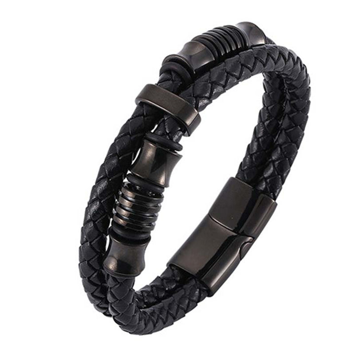 Schwarzes Leder Weave Armband mit Magnetverschluss, elegantes Design Glück