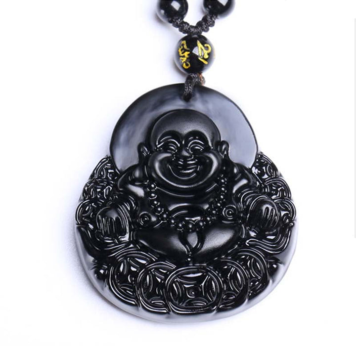 Anhänger Obsidian Lachender Buddha schwarzer Stein Wohlstand Schutz Kette