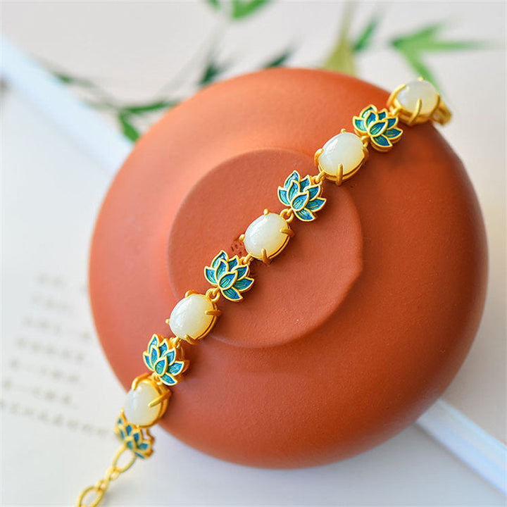 Armband Weiße Jade Cyan Jade Lotus Schutz goldfarben elegant.