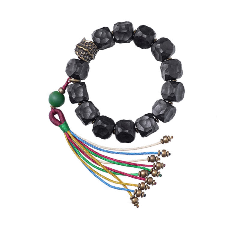 Mala Kupfer Ebenholz Frieden Armband schwarze facettierte Perlen Quaste