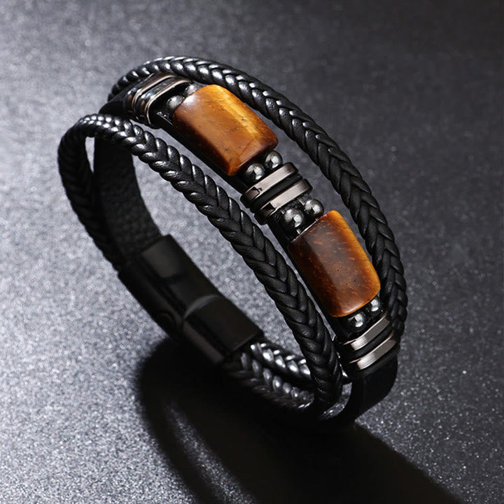 Armband Tigerauge Magnetisch schwarzes Leder Geflecht Naturstein elegant