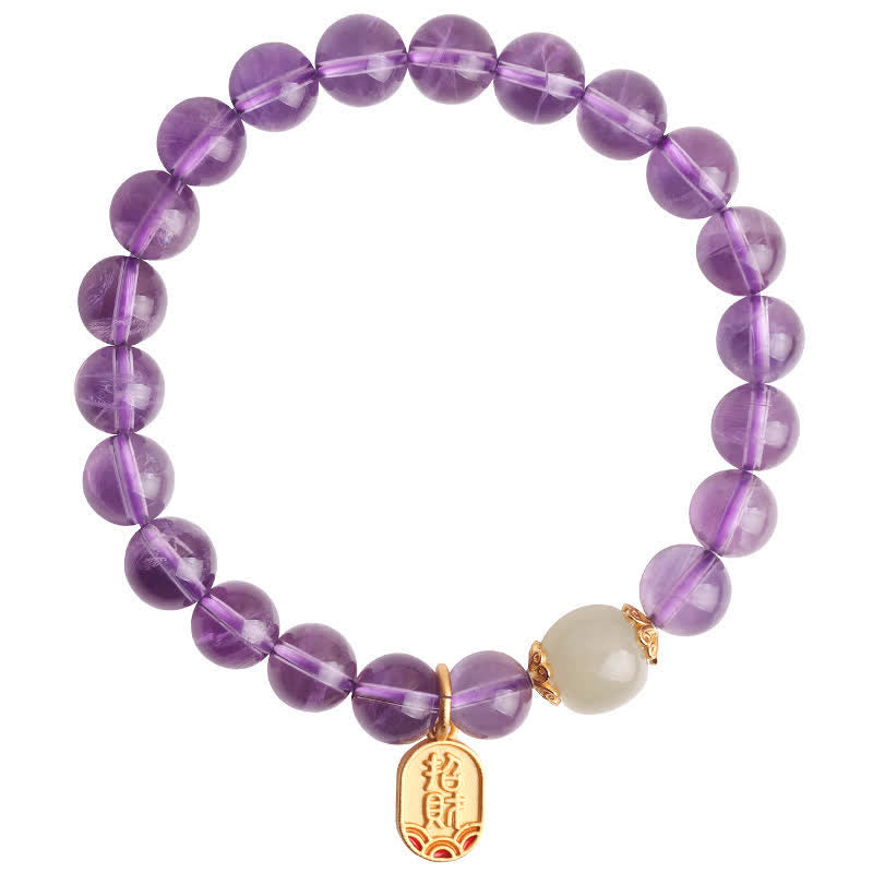 Armband Amethyst Kristall mit weißer Perle und goldenem Anhänger elegant