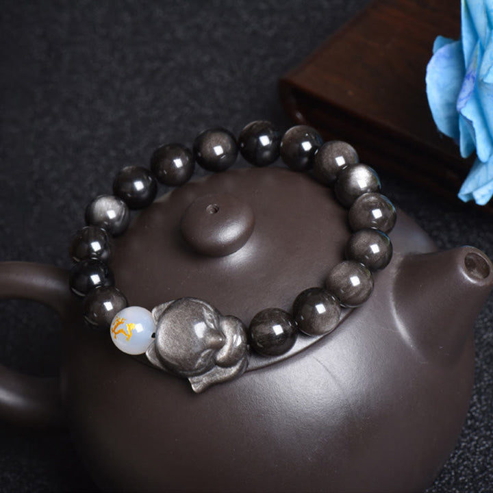 Obsidian Armband Silber Fuchs Heilung schwarze Perlen Naturstein elastisch