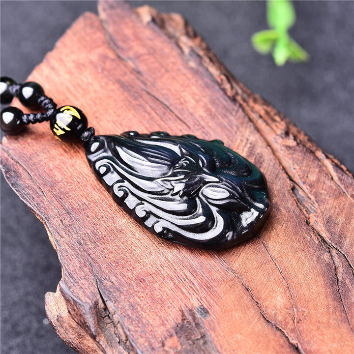 Anhänger Regenbogenobsidian Fuchs Gelassenheit schwarze Kette Naturstein