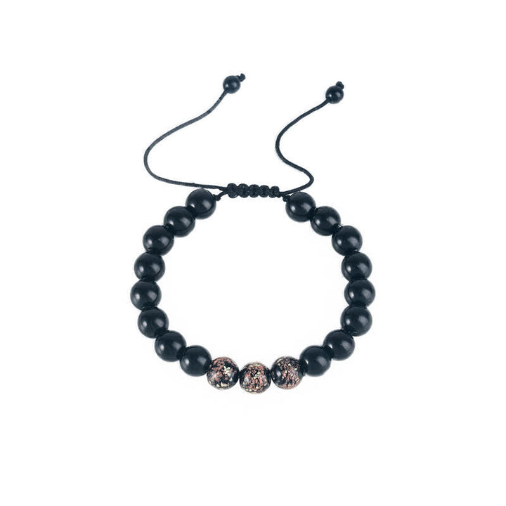 Armband Schwarzer Obsidian mit rosegoldfarbenen Akzentperlen elastisch