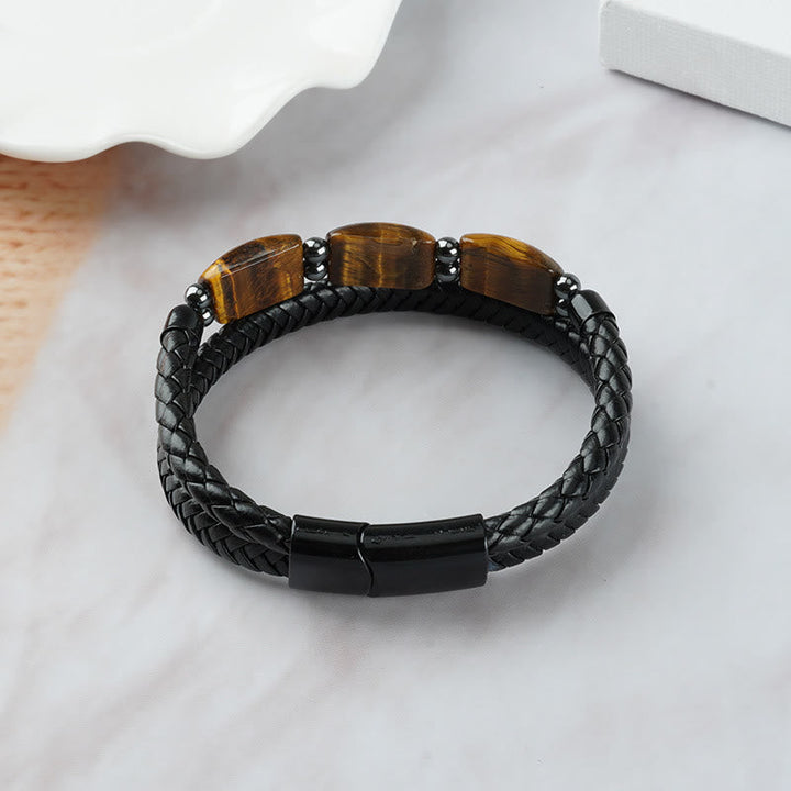 Armband Tigerauge Magnetisch schwarzes Leder geflochten Naturstein elegant