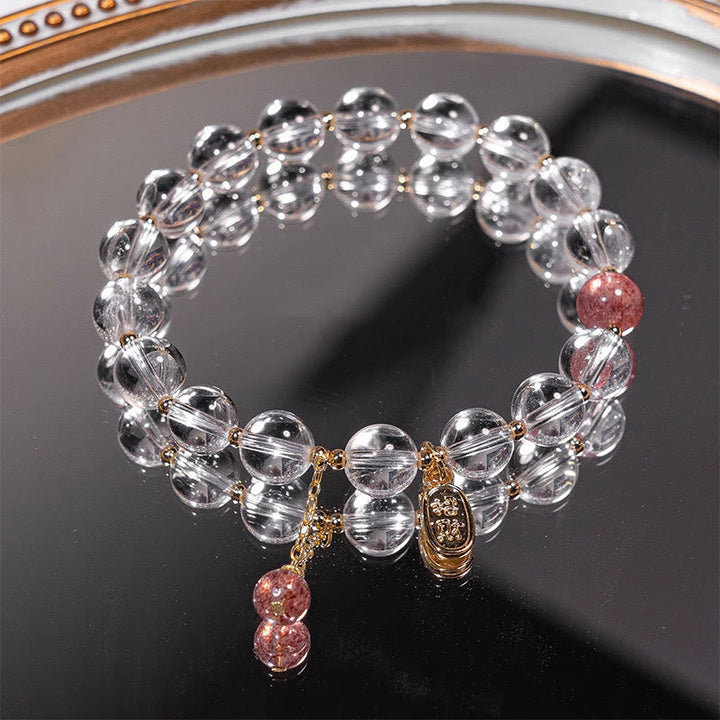 Armband Erdbeerquarz Weißer Kristall elastisch Perlen Gold elegant Schmuck