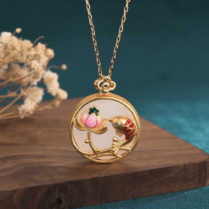 Anhänger Kette Jadeit Koi Lotos Segen Gold