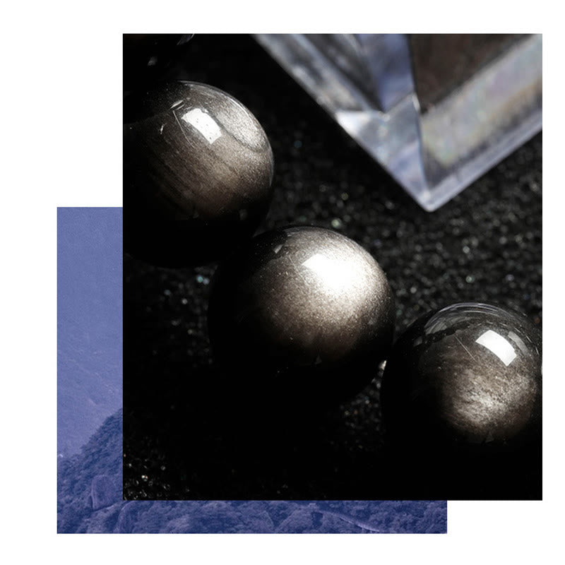 Armband Silber Obsidian – Schutz drei polierte Kugeln schwarzer Stein Nahaufnahme