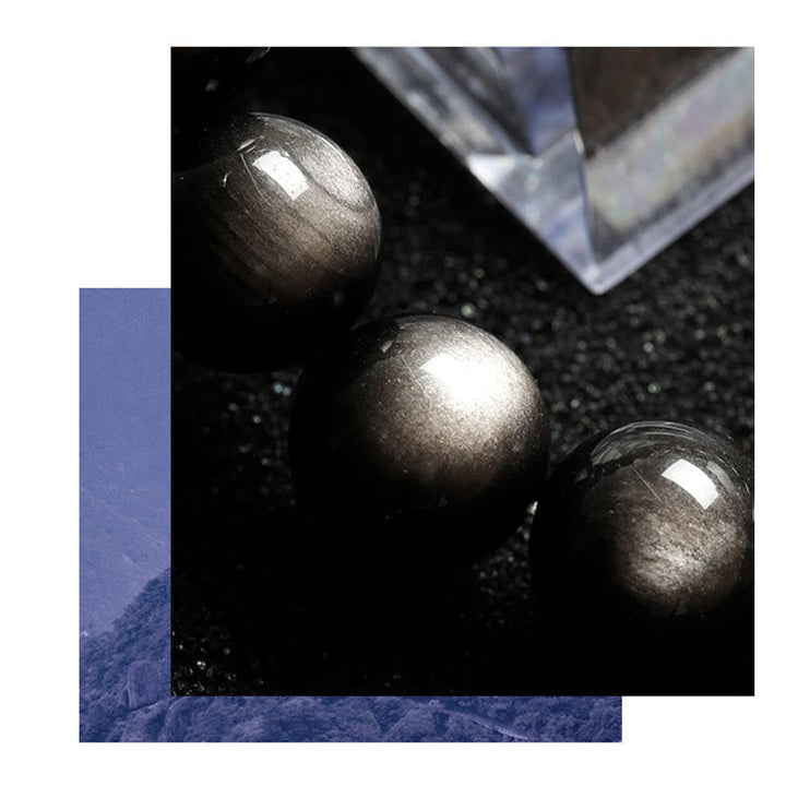 Armband Silber Obsidian – Schutz drei polierte Kugeln schwarzer Stein Nahaufnahme