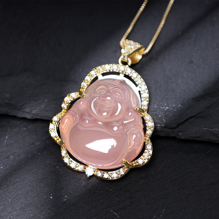 Rosafarbener Jade Buddha Anhänger mit goldfarbenem Diamant Rahmen Kette
