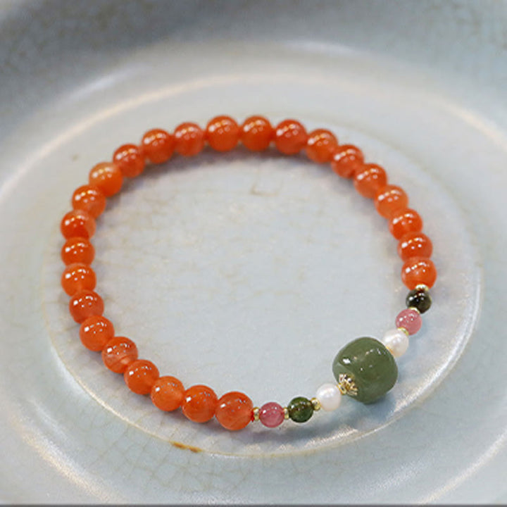 Armband Roter Achat Jade Ruhe elastisches Naturstein Perlenarmband orange grün