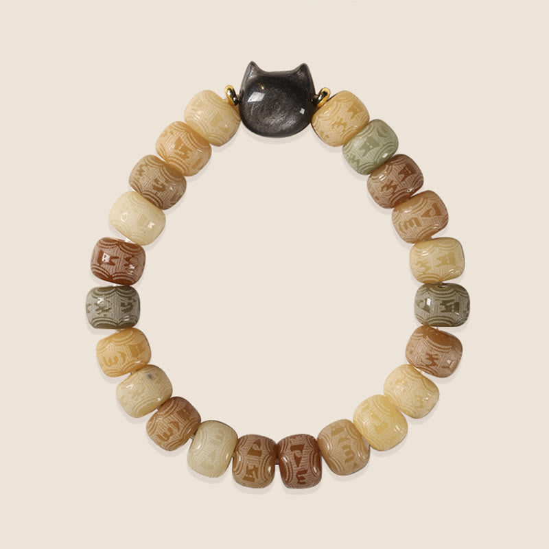 Armband mit schwarzem Obsidian Katzenkopf und Bodhi Perlen.