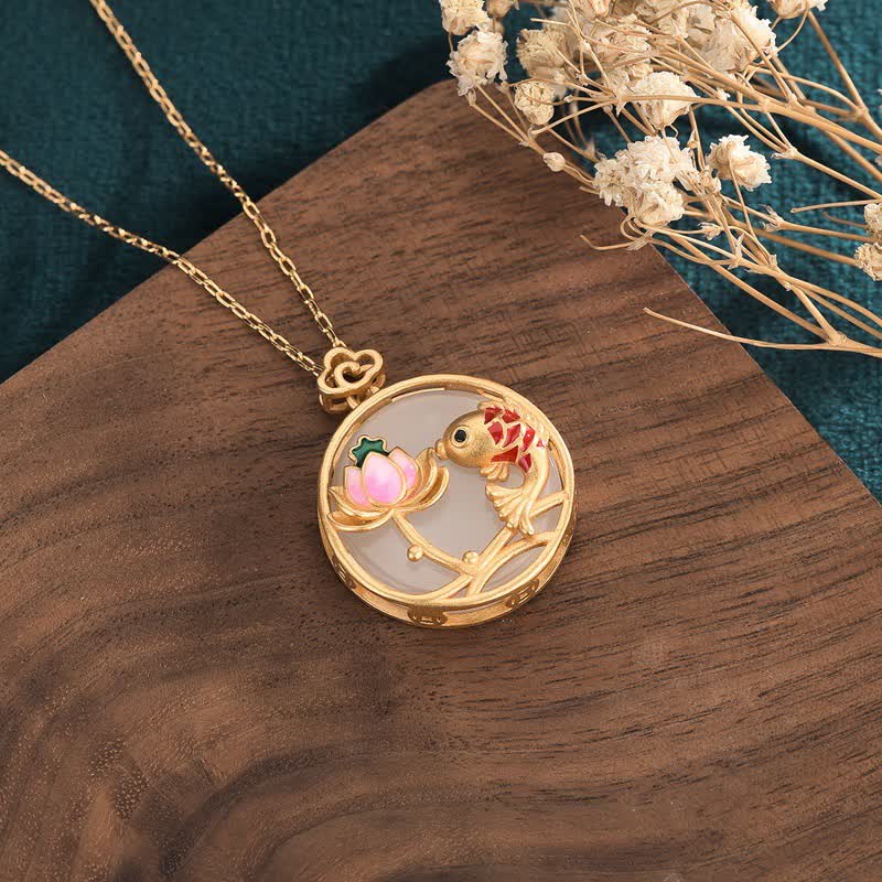 Anhänger Kette Jadeit Koi Lotos Segen Gold Emaille