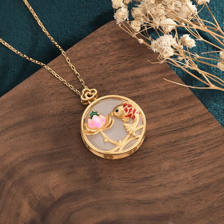 Anhänger Kette Jadeit Koi Lotos Segen Gold Emaille