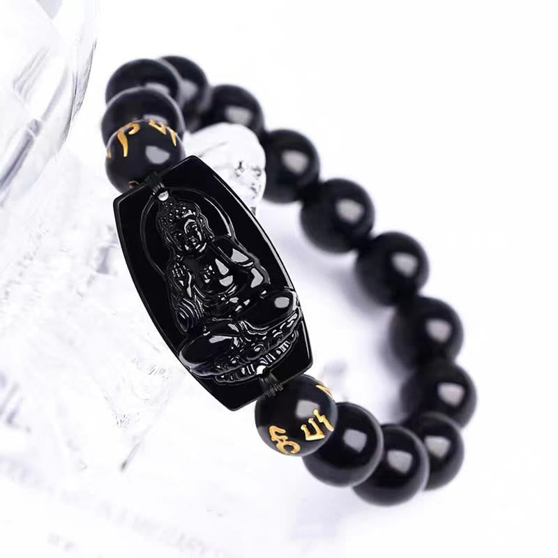 Schwarzes Obsidian Armband mit Pixiu Anhänger Naturstein elegant.