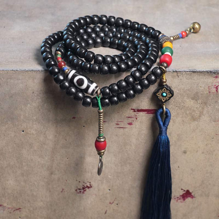 Mala Kupfer Ebenholz Balance Armband schwarze Perlen Quaste Meditation