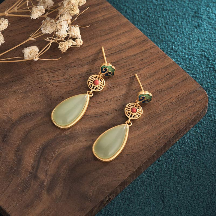 Ohrringe Jade Doppeltes Glück gold Tropfen Boho Schmuck spirituell Ohrhänger