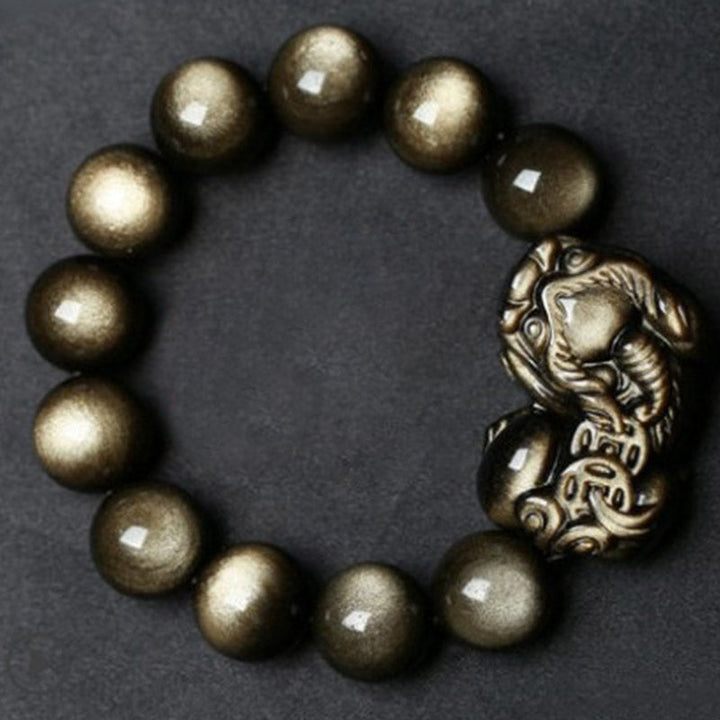 Armband Obsidian Pixiu – Schutz mit goldenem Anhänger Naturstein