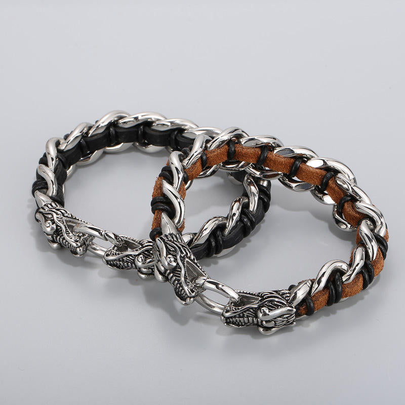 Armband Drachen Silber Leder Schutz Glück Balance Herrenarmband elegant