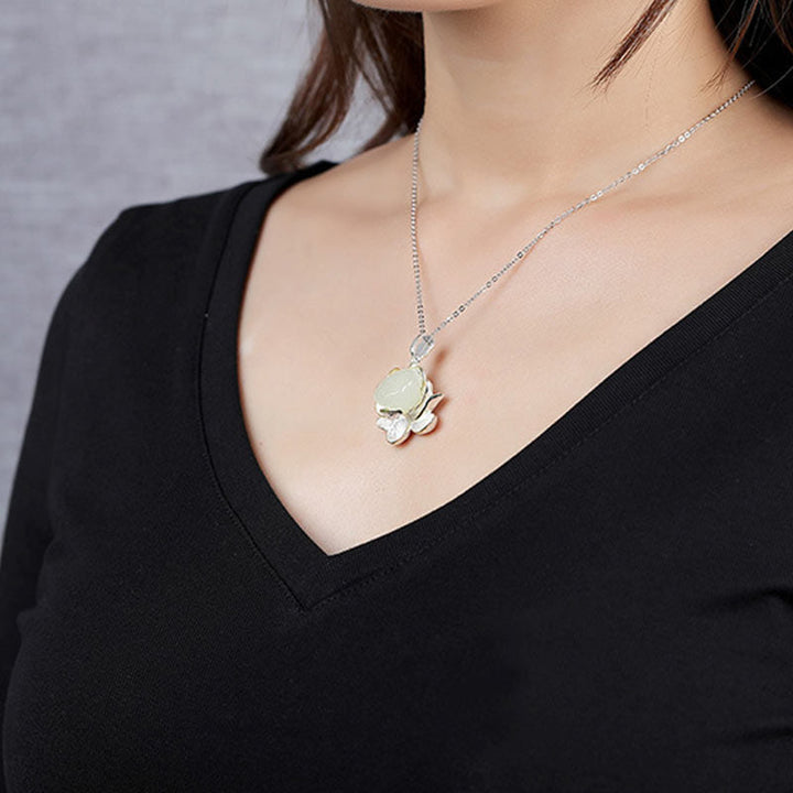 Kette Weiße Jade Lotus Glück Silber Anhänger