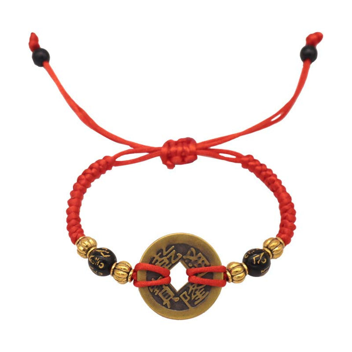 Rotes Armband Kupfer – Glück mit chinesischer Münze elastisch verstellbar.